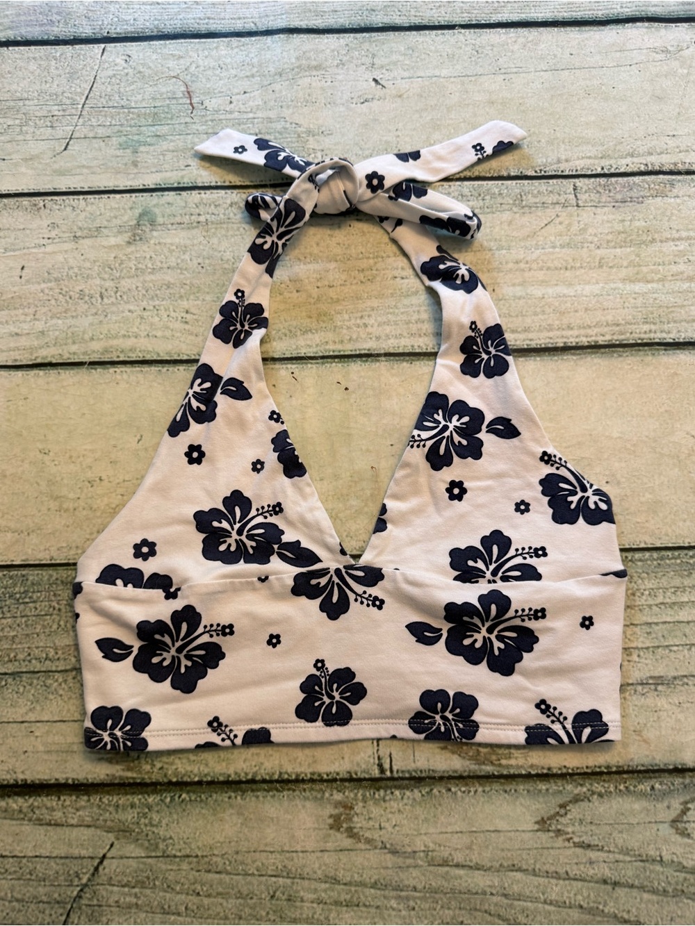 Garage blue floral low front crop halter top. S